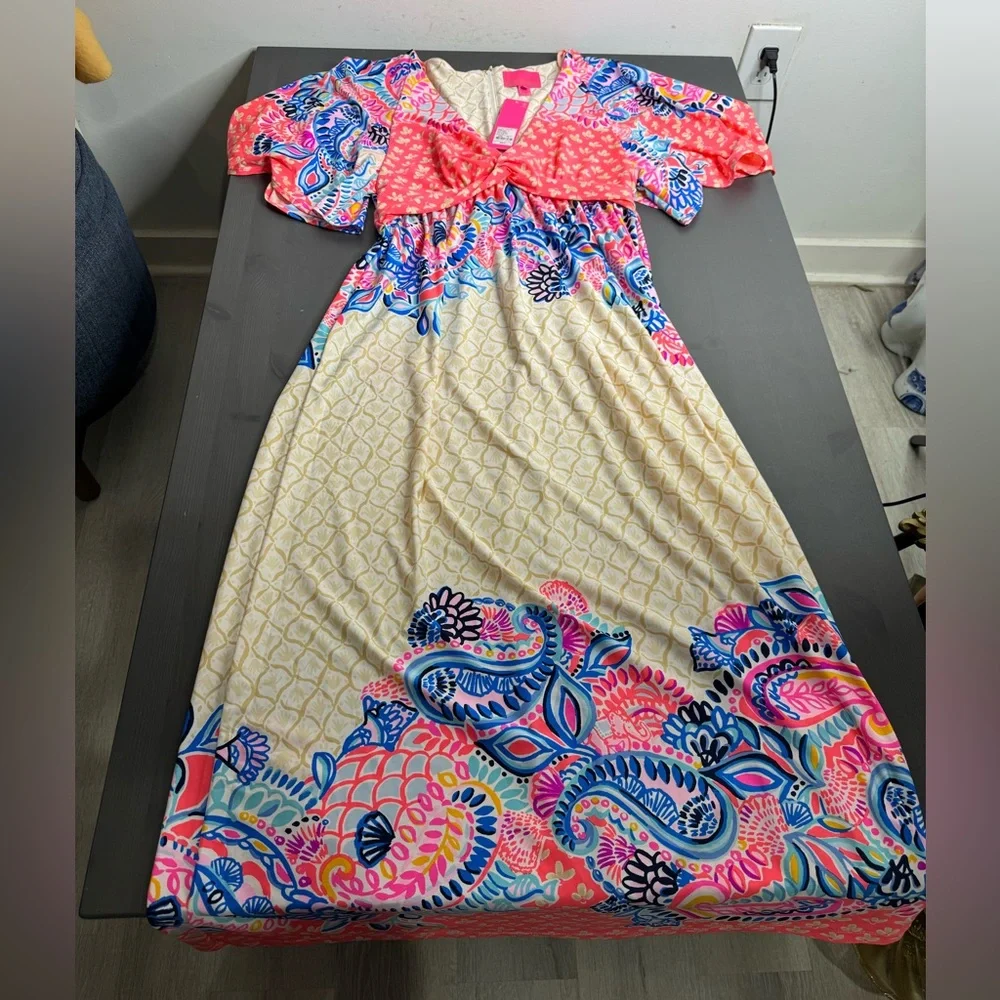 Lilly Pulitzer Coral Pink Blue Printed Maxi Dress - Picture 2 of 7